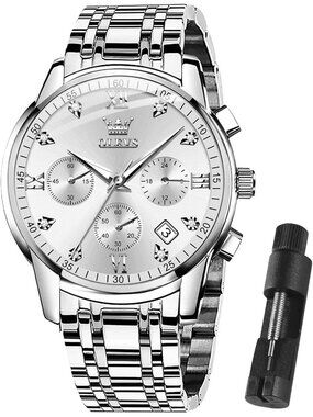 Olevs Mens Silver White Face Multifunction Waterproof Luminous Chronograph Watch